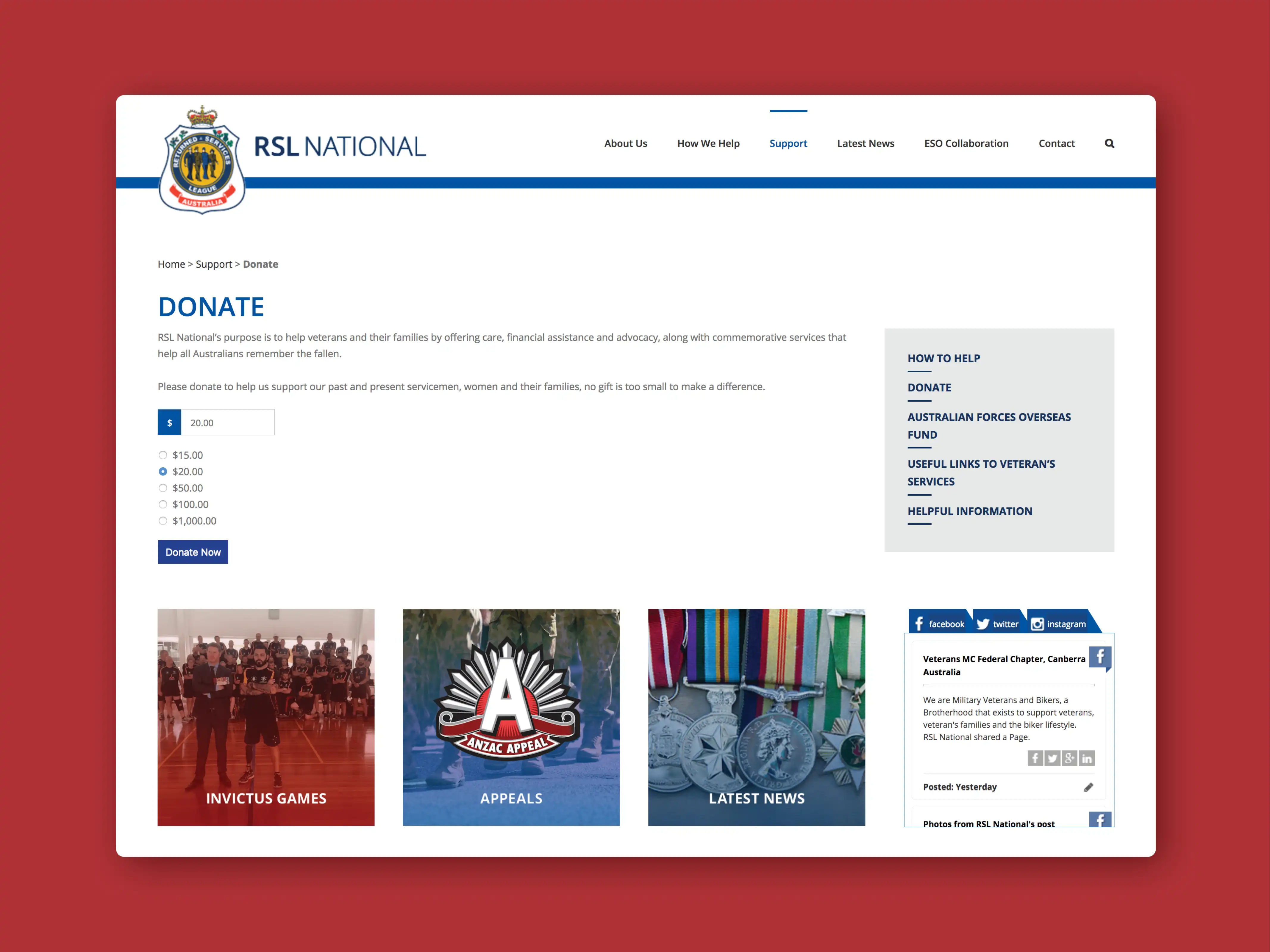 Donation page design of the RSL National website in 2017